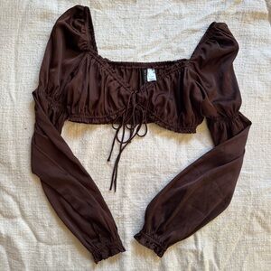 H&M Dark Brown Puff-Sleeve Cropped Tie-Front Top